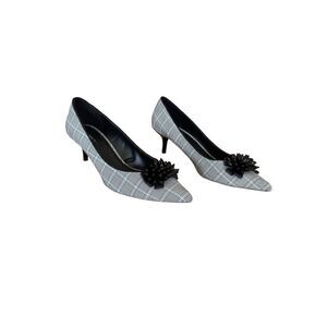 Zara Womens Beaded Flower Plaid Slip On Pointed Toe Kitten Heel Pump Size 41